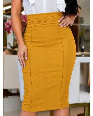 Saia Lápis Amarelo Midi em Bengaline Drapeado | Moda Evangelica